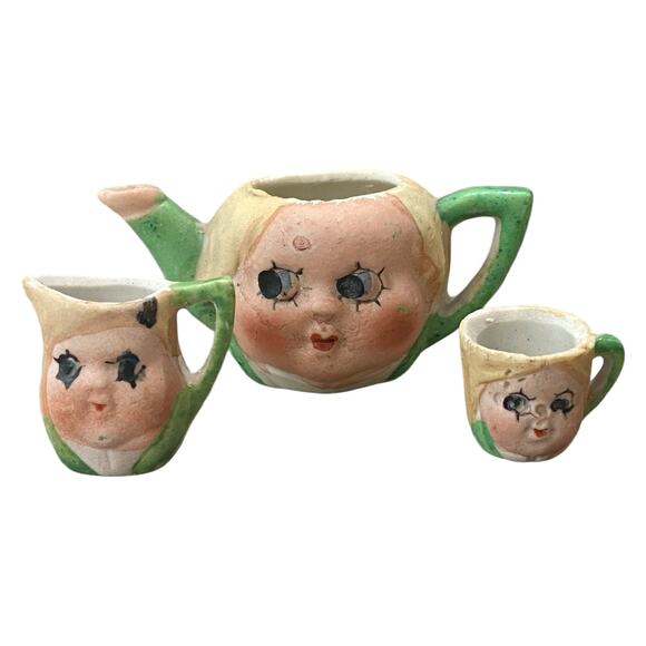3 Pc Set 1920's Japan Kewpie Doll Face Child's Miniature Tea Pot Cup Creamer - Picture 1 of 14